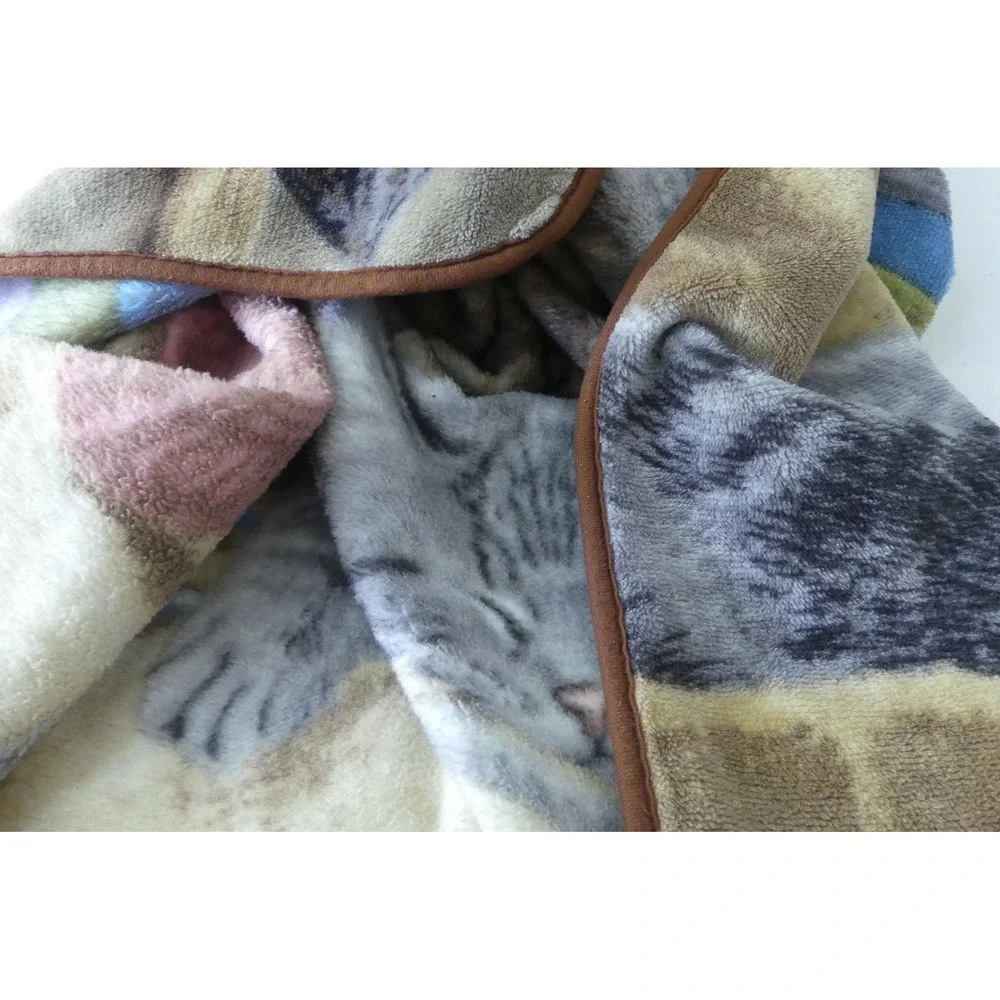 Vtg Cats in Library Bookshelf Fleece Throw Blanket Kittens Plush Cottage Whimsy